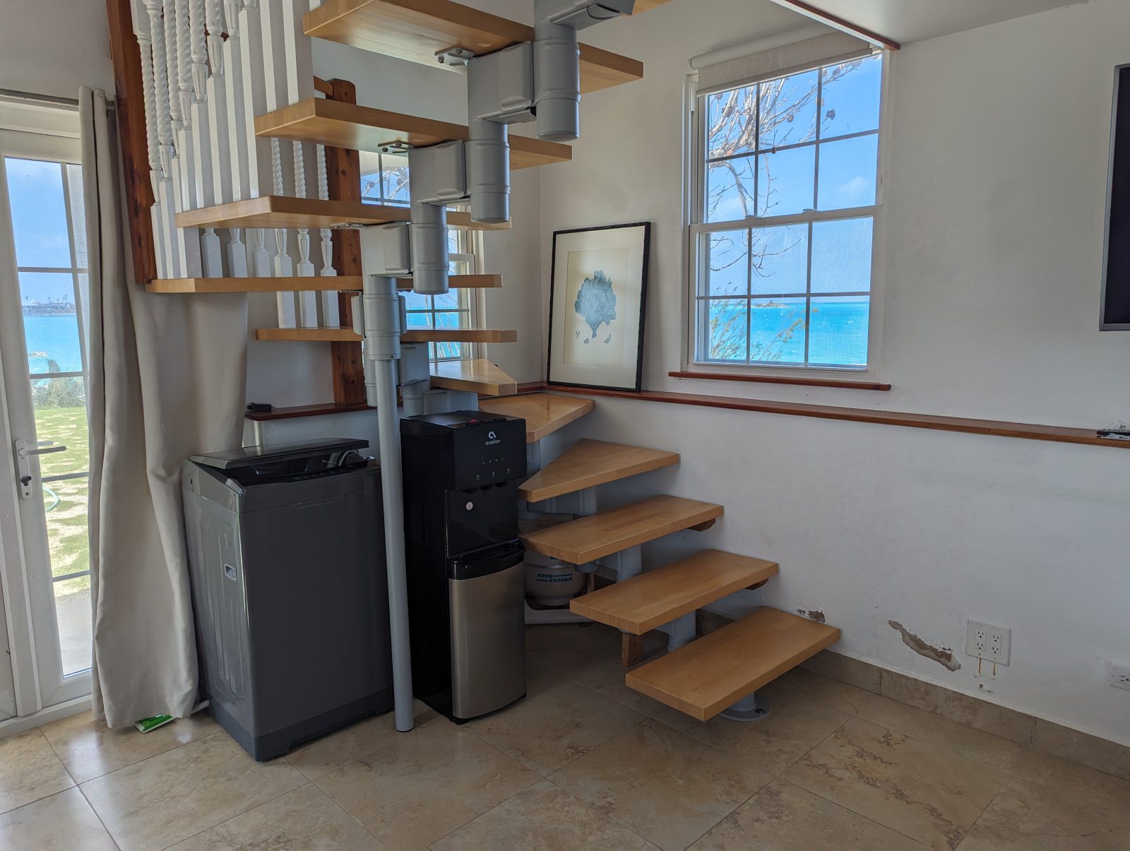 Living area and spiral staircase
